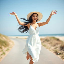 A beautiful Taiwanese woman with long black hair, wearing a light and airy white evening dress and a wide-brimmed straw hat that complements her outfit