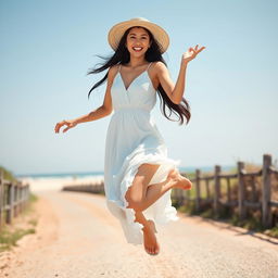 A beautiful Taiwanese woman with long black hair, wearing a light and airy white evening dress and a wide-brimmed straw hat that complements her outfit