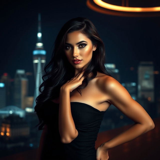 A sultry portrait of a confident woman in a form-fitting black dress, posing against a luxurious backdrop of dimly lit city skyline at night