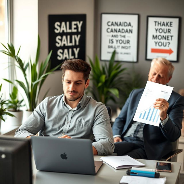 A Canadian office worker sitting at his desk, looking thoughtfully at his laptop screen, comparing his salary to that of an American colleague, who is also depicted in the scene at his own workspace, looking satisfied