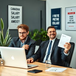 A Canadian office worker sitting at his desk, looking thoughtfully at his laptop screen, comparing his salary to that of an American colleague, who is also depicted in the scene at his own workspace, looking satisfied