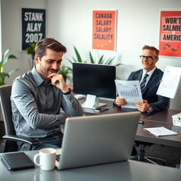 A Canadian office worker sitting at his desk, looking thoughtfully at his laptop screen, comparing his salary to that of an American colleague, who is also depicted in the scene at his own workspace, looking satisfied