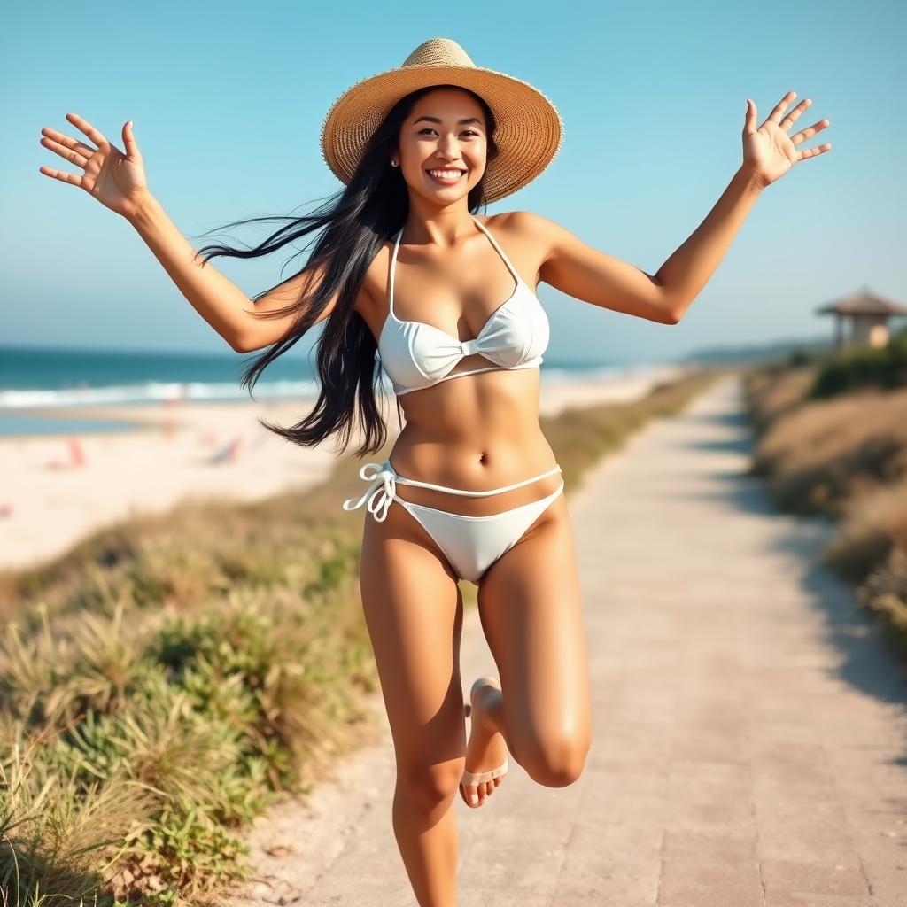 A beautiful Taiwanese woman with long black hair, wearing a bright and airy transparent white bikini along with a wide-brimmed straw hat and matching sandals