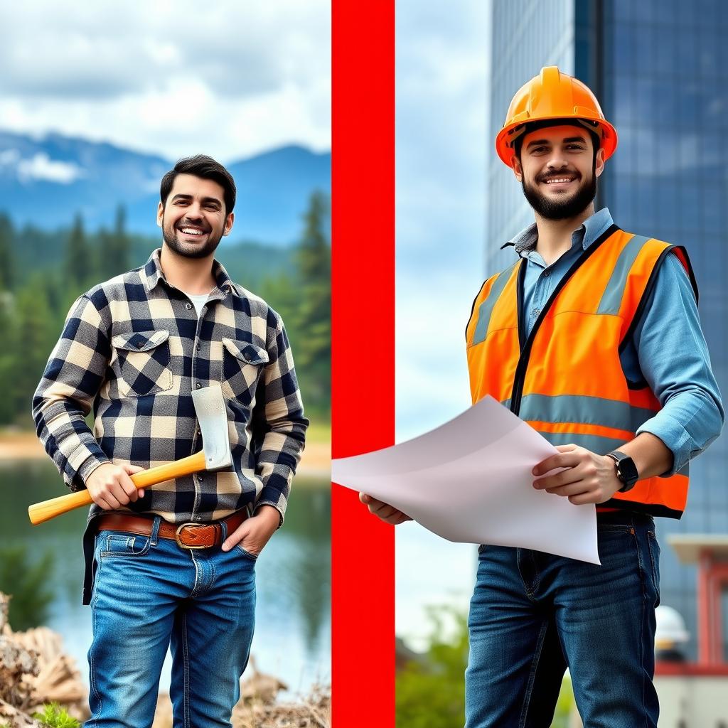 A split scene showcasing a typical Canadian worker and a typical American worker