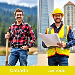 A split scene showcasing a typical Canadian worker and a typical American worker