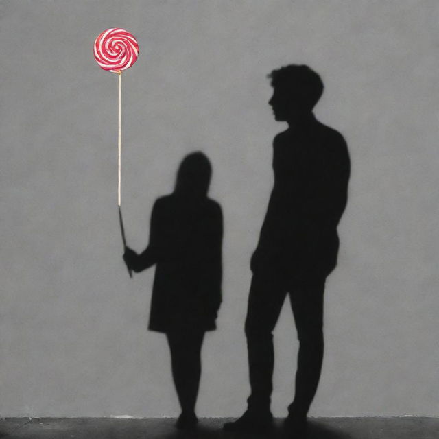 A detailed silhouette of a person standing, casting a long shadow, with a lollipop in hand.