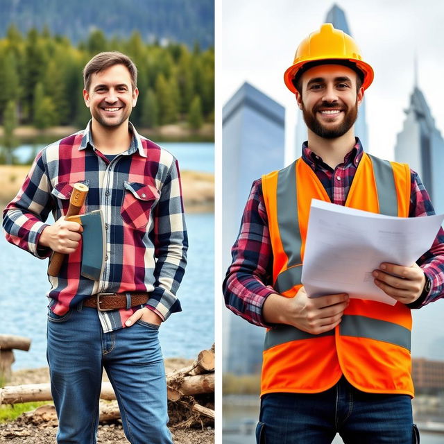 A split scene showcasing a typical Canadian worker and a typical American worker