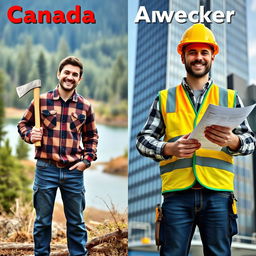 A split scene showcasing a typical Canadian worker and a typical American worker