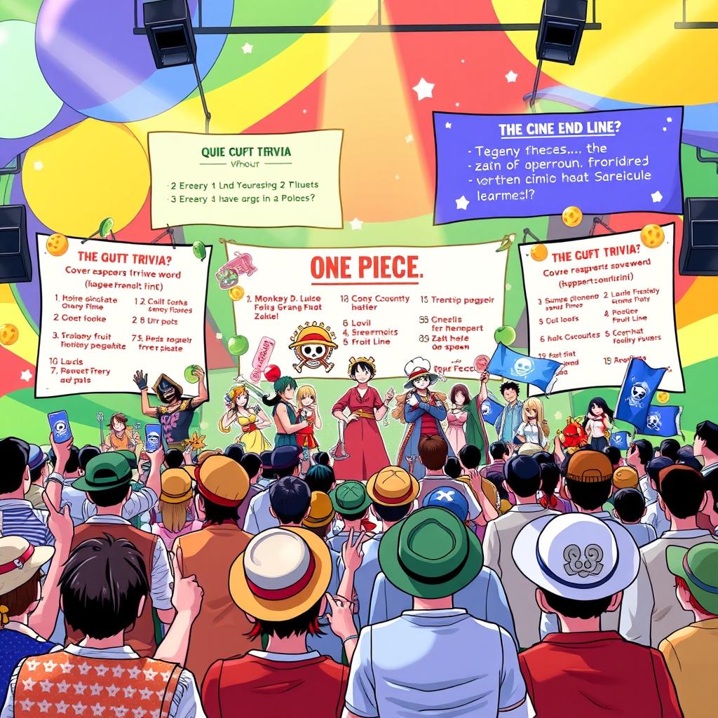 A vibrant illustration showcasing a lively quiz event themed around the popular anime and manga series 'One Piece'