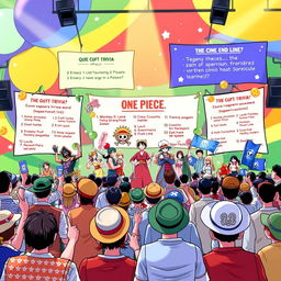 A vibrant illustration showcasing a lively quiz event themed around the popular anime and manga series 'One Piece'