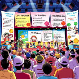 A vibrant illustration showcasing a lively quiz event themed around the popular anime and manga series 'One Piece'