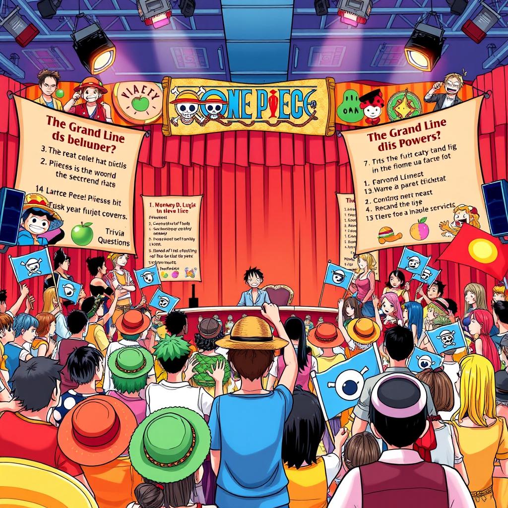 A vibrant illustration showcasing a lively quiz event themed around the popular anime and manga series 'One Piece'