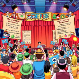 A vibrant illustration showcasing a lively quiz event themed around the popular anime and manga series 'One Piece'