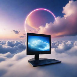 A futuristic, high-tech computer hovering amidst the vibrant shades of the evening sky, circled by wisps of clouds.