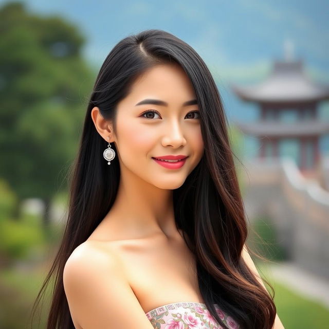 A beautiful Taiwanese woman with long black hair, elegantly styled, conveying a sense of grace and charm