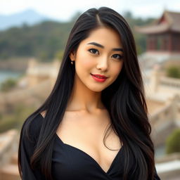 A beautiful Taiwanese woman with long black hair, elegantly styled, conveying a sense of grace and charm