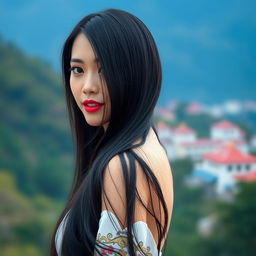 A beautiful Taiwanese woman with long black hair, elegantly styled, conveying a sense of grace and charm