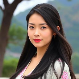 A beautiful Taiwanese woman with long black hair, elegantly styled, conveying a sense of grace and charm