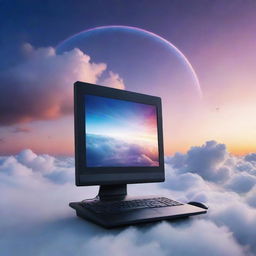 A futuristic, high-tech computer hovering amidst the vibrant shades of the evening sky, circled by wisps of clouds.