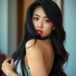 A stunningly hot Taiwanese woman with long black hair, exuding confidence and allure