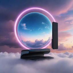 A futuristic, high-tech computer hovering amidst the vibrant shades of the evening sky, circled by wisps of clouds.