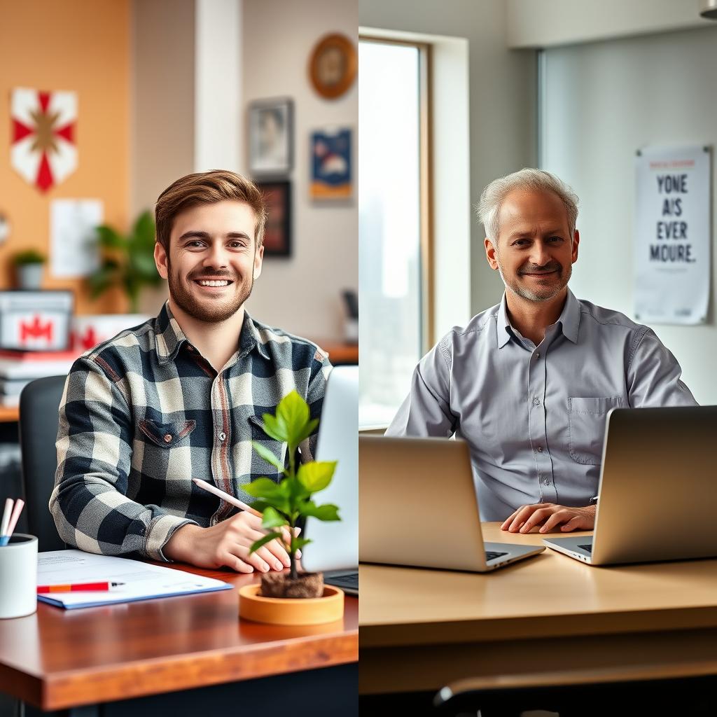 A split image contrasting a typical Canadian office worker and a typical American office worker