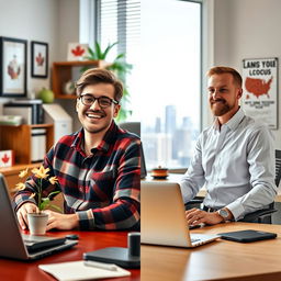 A split image contrasting a typical Canadian office worker and a typical American office worker