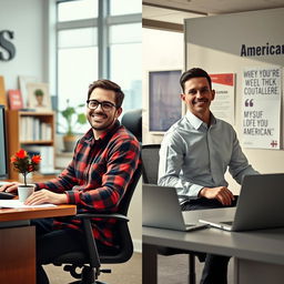 A split image contrasting a typical Canadian office worker and a typical American office worker