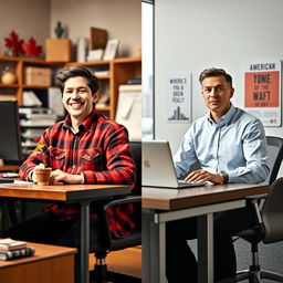 A split image contrasting a typical Canadian office worker and a typical American office worker