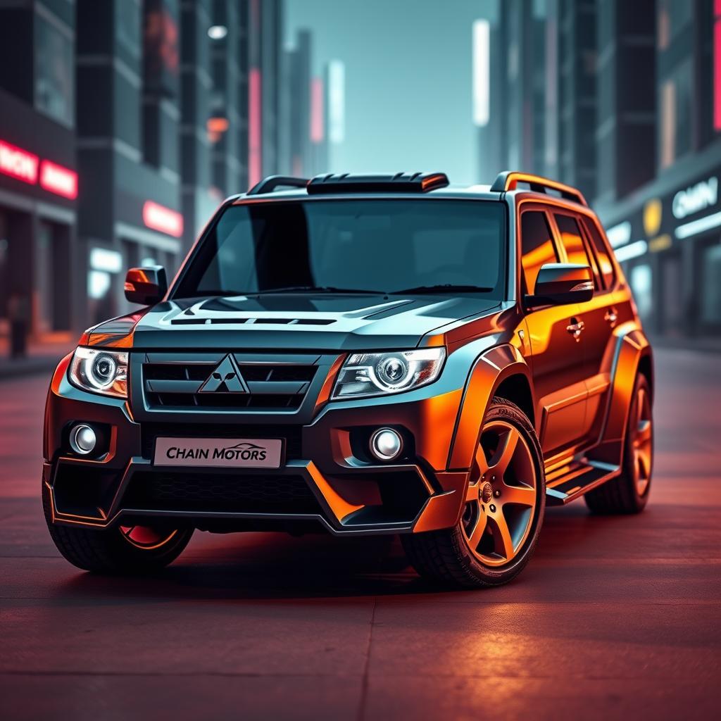 A custom vehicle design that creatively merges elements of a 2006 Mitsubishi Pajero and a Lamborghini Aventador, featuring sleek lines and dynamic curves to capture the essence of both cars