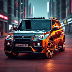 A custom vehicle design that creatively merges elements of a 2006 Mitsubishi Pajero and a Lamborghini Aventador, featuring sleek lines and dynamic curves to capture the essence of both cars