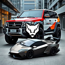 A creative blend of a Mitsubishi Pajero 2006 and a Lamborghini Aventador, resulting in a hybrid vehicle design that combines the rugged SUV profile of the Pajero with the sleek, aerodynamic features of the Aventador