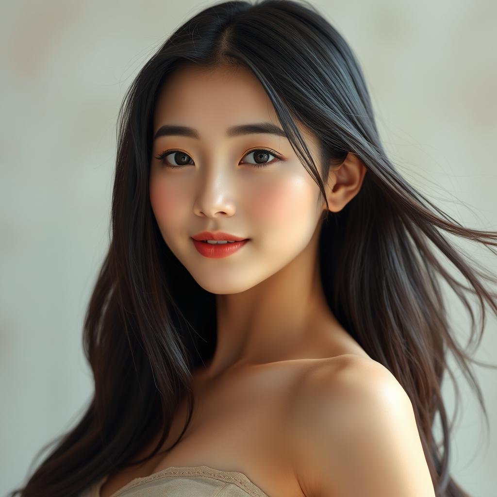 A beautiful and sensual Korean woman with long, flowing black hair