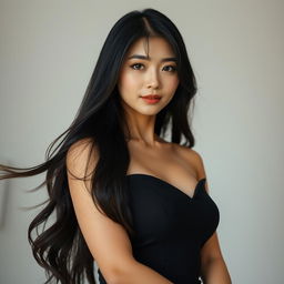 A beautiful and sensual Korean woman with long, flowing black hair