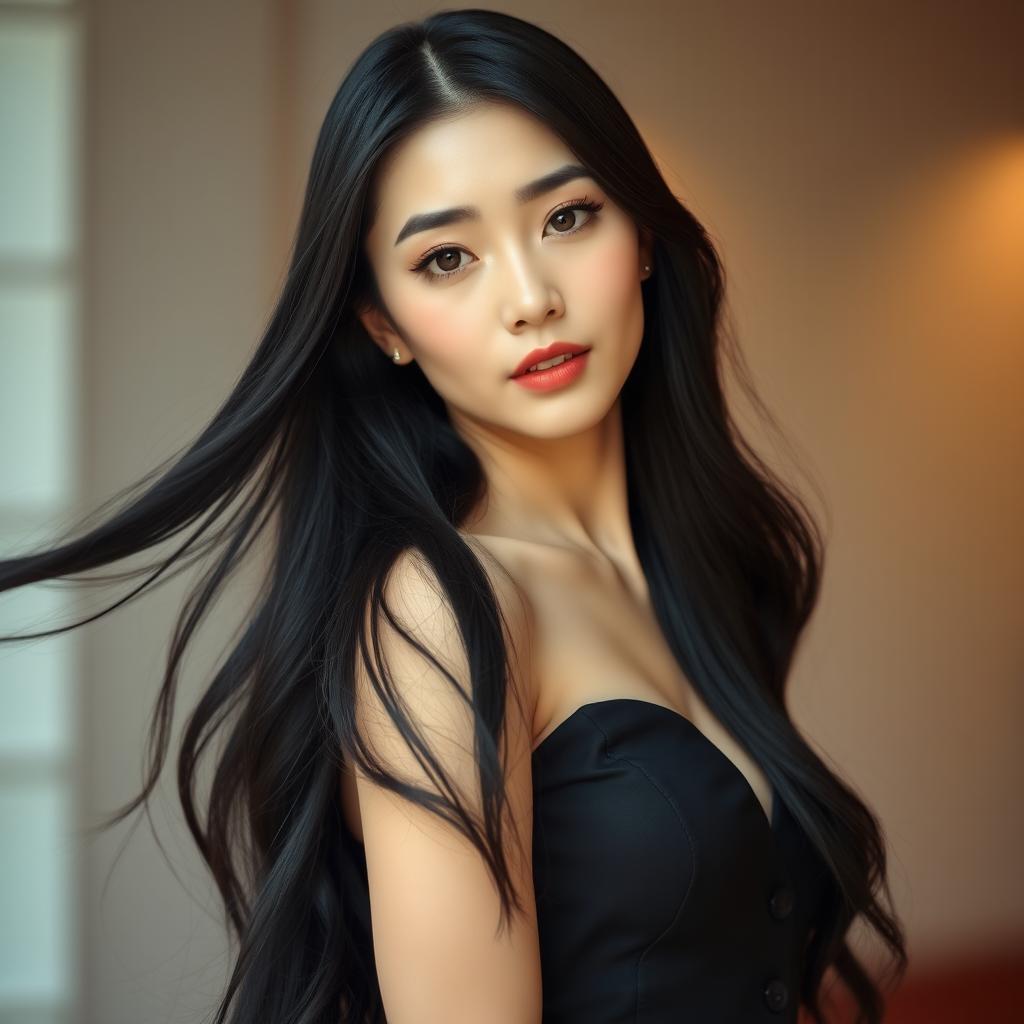 A beautiful and sensual Korean woman with long, flowing black hair