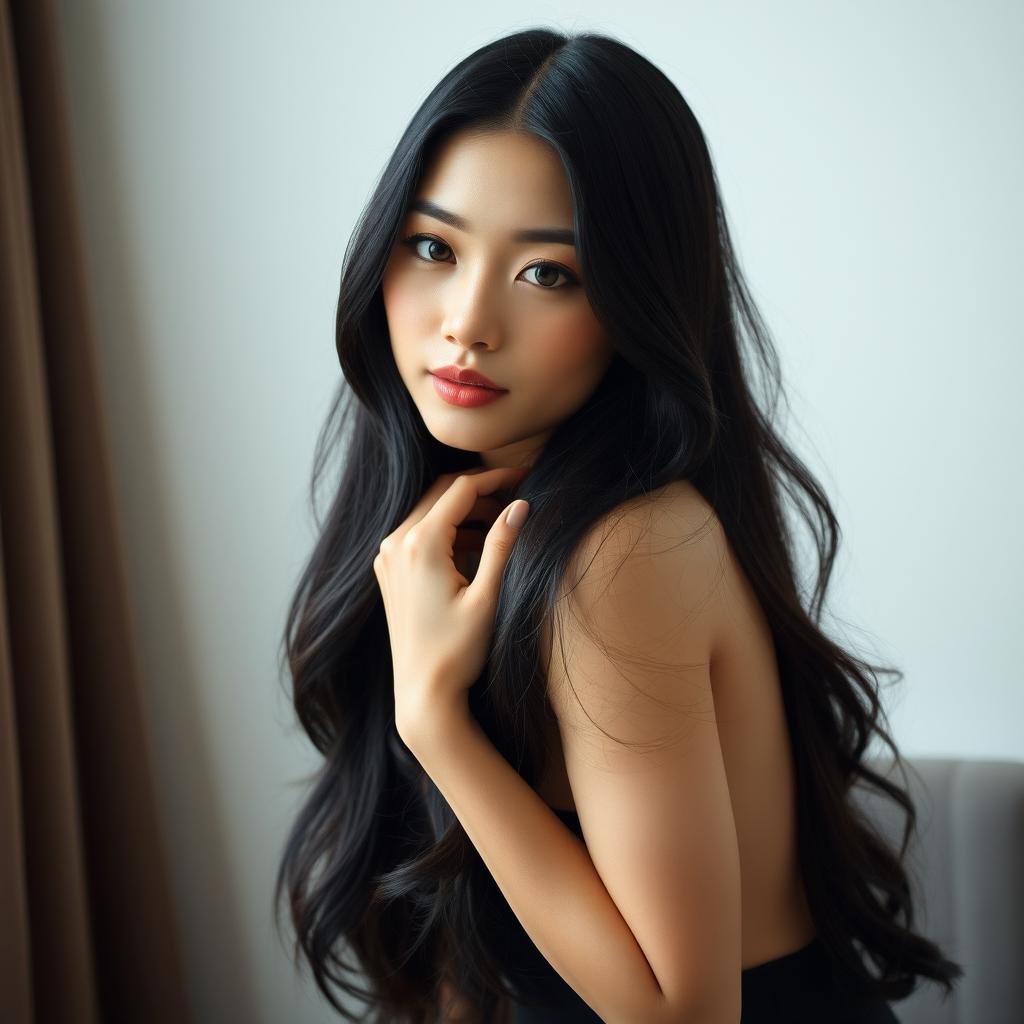 A beautiful and sensual Taiwanese woman with long, flowing black hair, elegantly posed in a tasteful manner