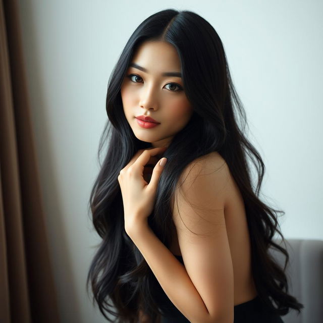 A beautiful and sensual Taiwanese woman with long, flowing black hair, elegantly posed in a tasteful manner