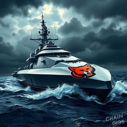 A futuristic war ship designed for naval combat, featuring sleek lines and advanced weaponry