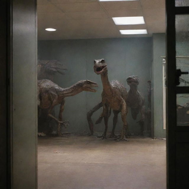 Panic returns as the visitors glimpse through the backdoor of the lab, focusing on the destroyed Velociraptor enclosure. They confront the realization that the quick and deadly predators are now loose, escalating their terror.