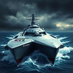 A futuristic war ship designed for naval combat, featuring sleek lines and advanced weaponry