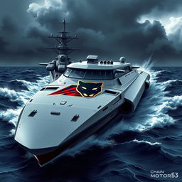 A futuristic war ship designed for naval combat, featuring sleek lines and advanced weaponry