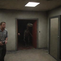 Panic returns as the visitors glimpse through the backdoor of the lab, focusing on the destroyed Velociraptor enclosure. They confront the realization that the quick and deadly predators are now loose, escalating their terror.