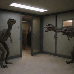 Panic returns as the visitors glimpse through the backdoor of the lab, focusing on the destroyed Velociraptor enclosure. They confront the realization that the quick and deadly predators are now loose, escalating their terror.