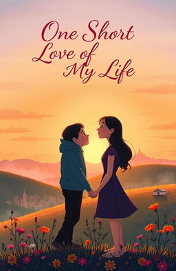 A heartwarming yet poignant illustration depicting a love story between two individuals standing on a picturesque hill at sunset