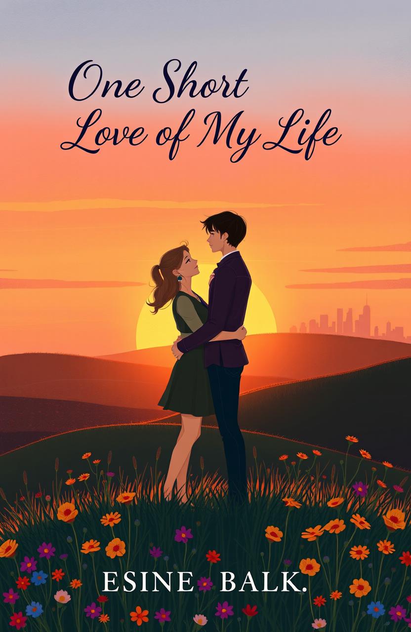 A heartwarming yet poignant illustration depicting a love story between two individuals standing on a picturesque hill at sunset