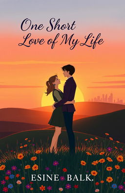 A heartwarming yet poignant illustration depicting a love story between two individuals standing on a picturesque hill at sunset