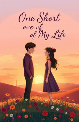 A heartwarming yet poignant illustration depicting a love story between two individuals standing on a picturesque hill at sunset