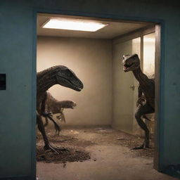 Panic returns as the visitors glimpse through the backdoor of the lab, focusing on the destroyed Velociraptor enclosure. They confront the realization that the quick and deadly predators are now loose, escalating their terror.