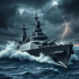 A menacing warship named 'Brend Motors', depicted as a brutal and imposing vessel cutting through turbulent ocean waters