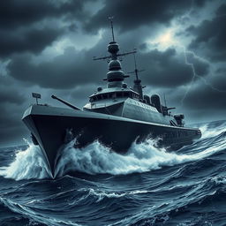 A menacing warship named 'Brend Motors', depicted as a brutal and imposing vessel cutting through turbulent ocean waters